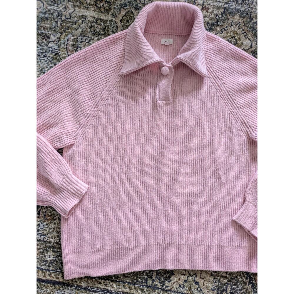 Aerie Classic Quarter Button Ribbed Knit Polo Sweater Pink Medium - Picture 3 of 6